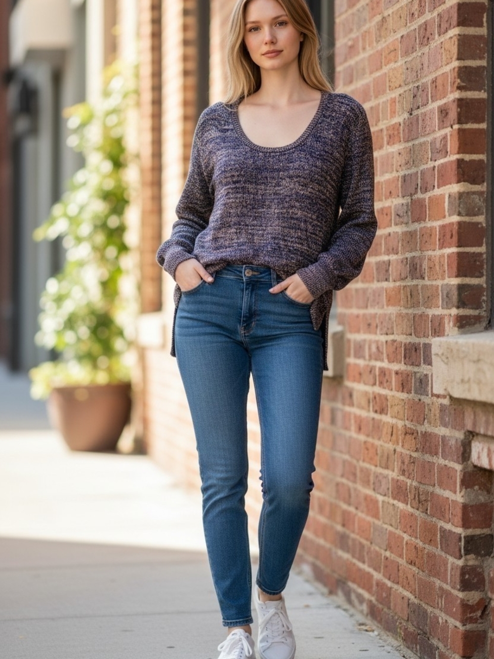 Cyrus Marled Navy and Gray Scoop Neck Sweater
